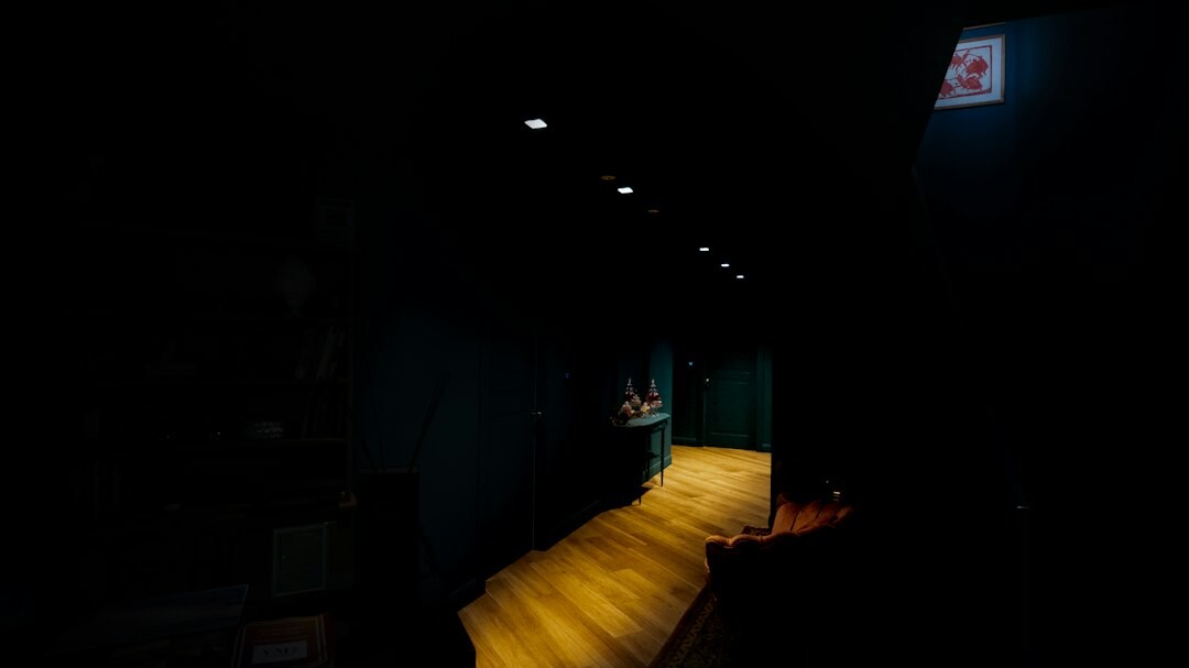 Wide shot of an empty television studio set with lighting rig